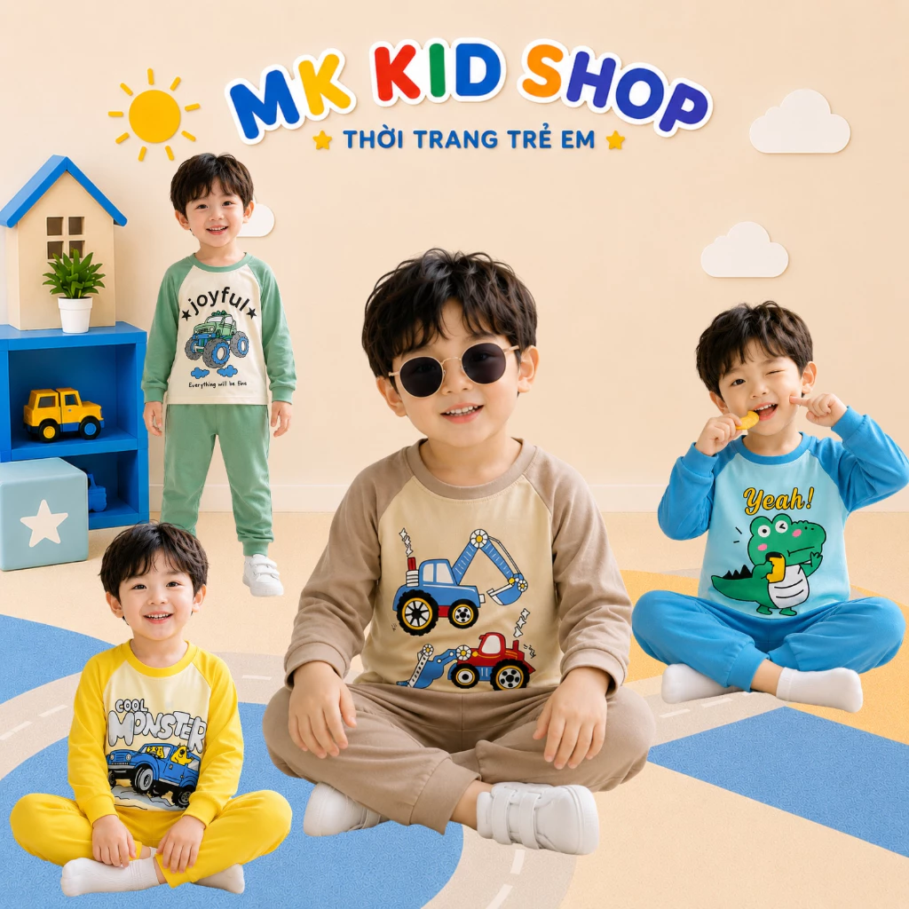 Bộ Thu Đông Cho Bé 9-25KG , Bộ Thun Lạnh Dài Tay MK KID Với Họa Tiết OTO Và Phi Hành Gia Cho Bé Trai