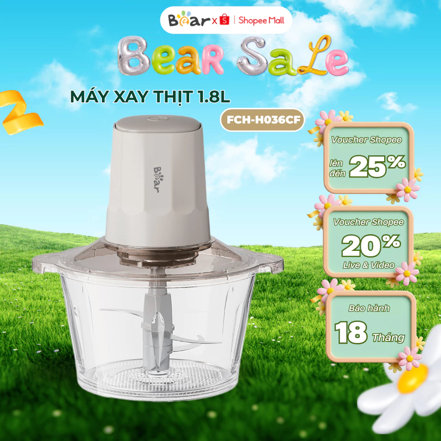Máy Xay Thịt Đa Năng Dung Tích 1.8L Bear FCH-H036CF, Công Suất 300W, Cối Thủy Tinh,Bảo Hành 18 Tháng