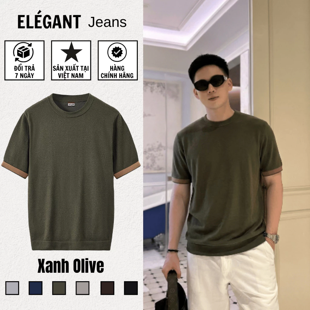 Áo Thun Dệt Kim Nam Cao Cấp Màu Xanh Olive, Sợi VISCOSE PREMIUM Thoáng Mát, Áo Thun Nam Form Regular