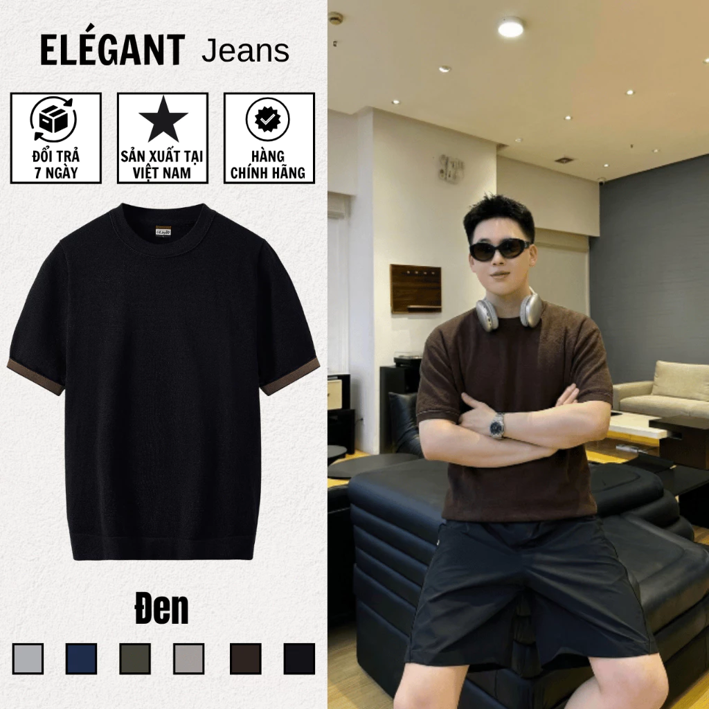 Áo Thun Dệt Kim Nam Cao Cấp Màu Đen, Sợi VISCOSE PREMIUM Thoáng Mát, Áo Thun Nam Form Regular