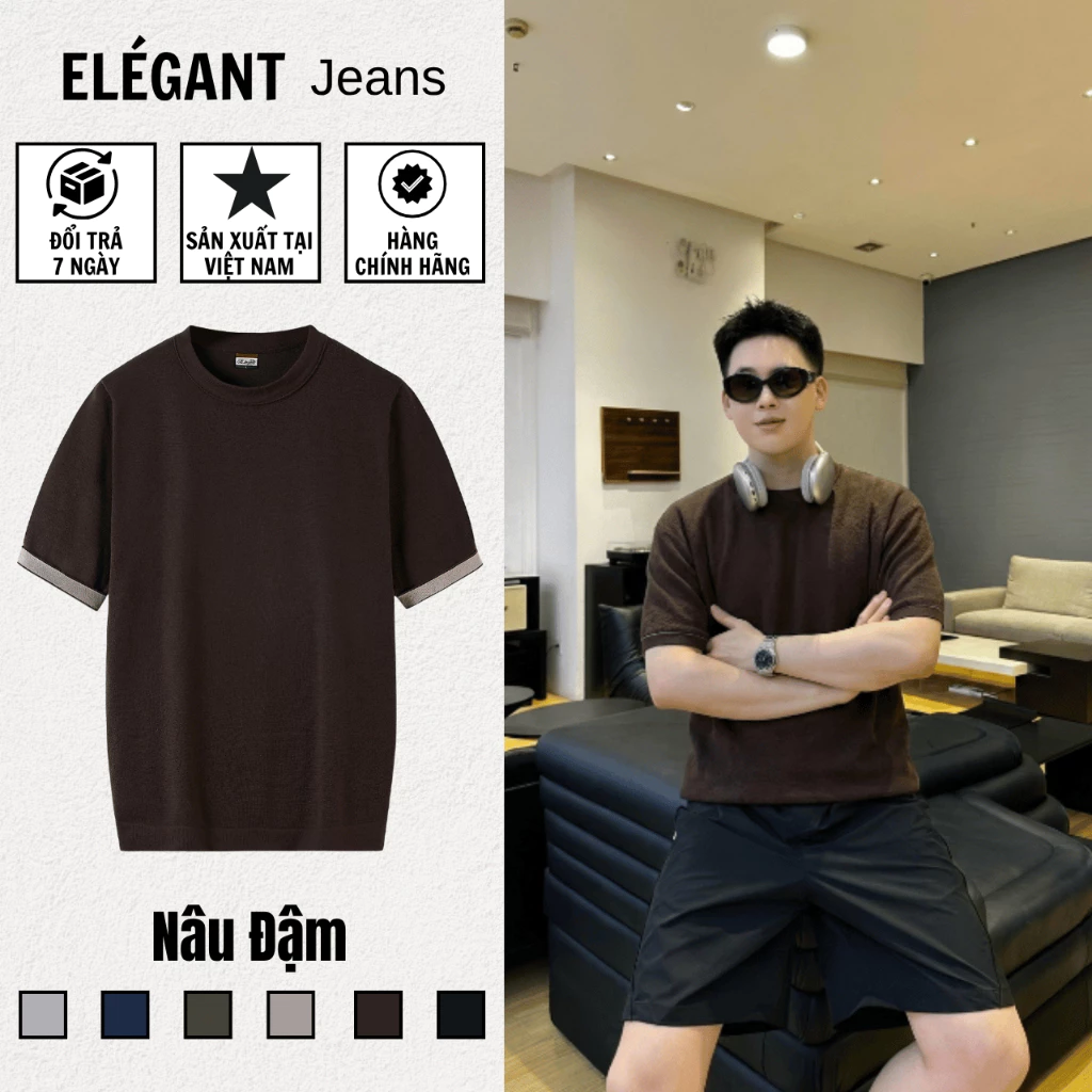 Áo Thun Dệt Kim Nam Cao Cấp Màu Nâu Đậm, Sợi VISCOSE PREMIUM Thoáng Mát, Áo Thun Nam Form Regular