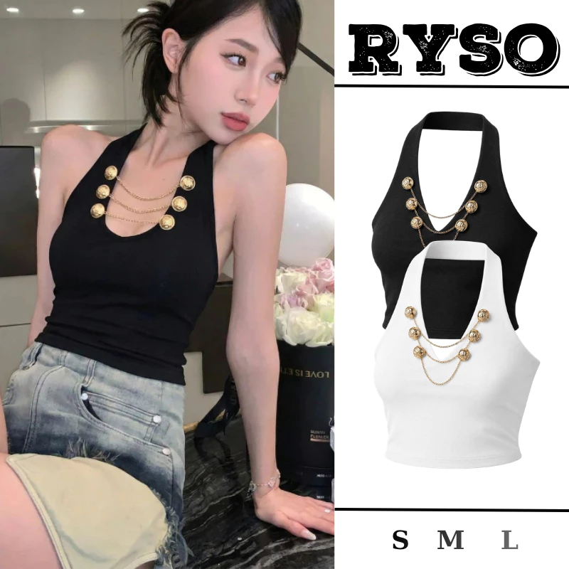 Áo Yếm Choàng Cổ Đính 3 Nút Phối Dây Xích Ngang Gợi Cảm Form Croptop Ngắn Chất Thun Borip AY03 RYSO