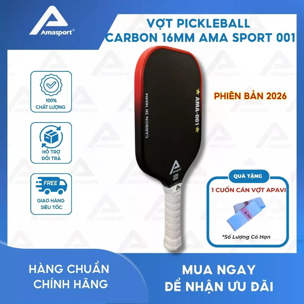 Vợt pickleball Carbon 16mm AMA SPORT 001 - Combo chơi ngay ( vợt + quấn cán + bóng) - Trợ lực và kiểm soát bóng tốt