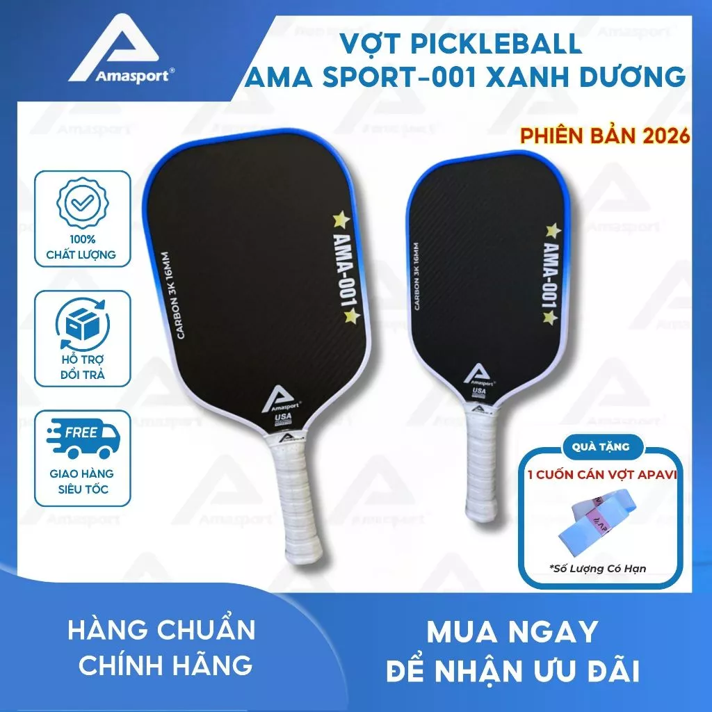 Vợt pickleball chính hãng AMA SPORT - 001 XANH DƯƠNG bản nâng cấp 2026 - 16mm tích hợp NFC, mặt vợt độ nhám cao