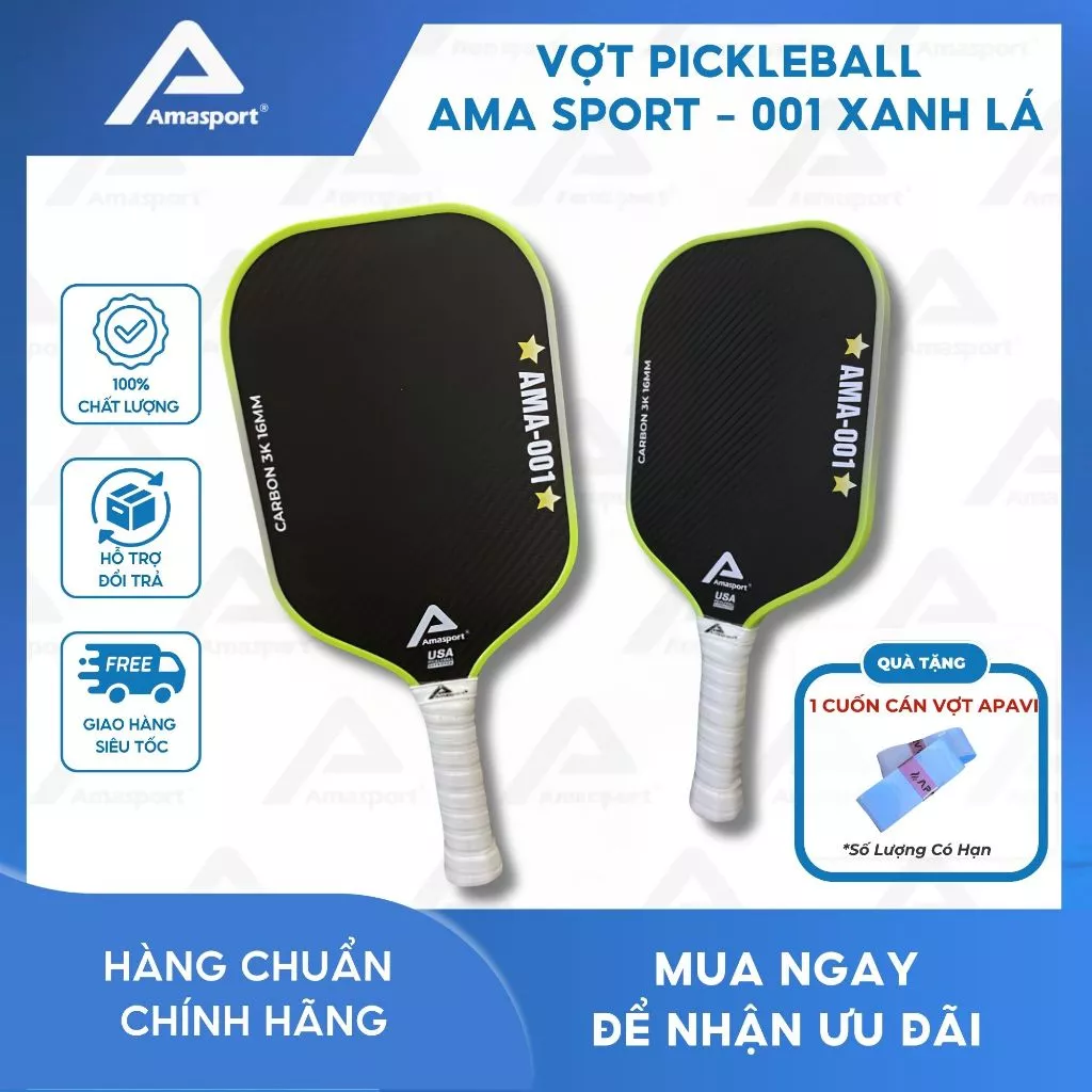 Vợt pickleball chính hãng AMA SPORT - 001 XANH LÁ bản nâng cấp 2026 - 16mm tích hợp NFC, mặt vợt độ nhám cao tăng ma sát