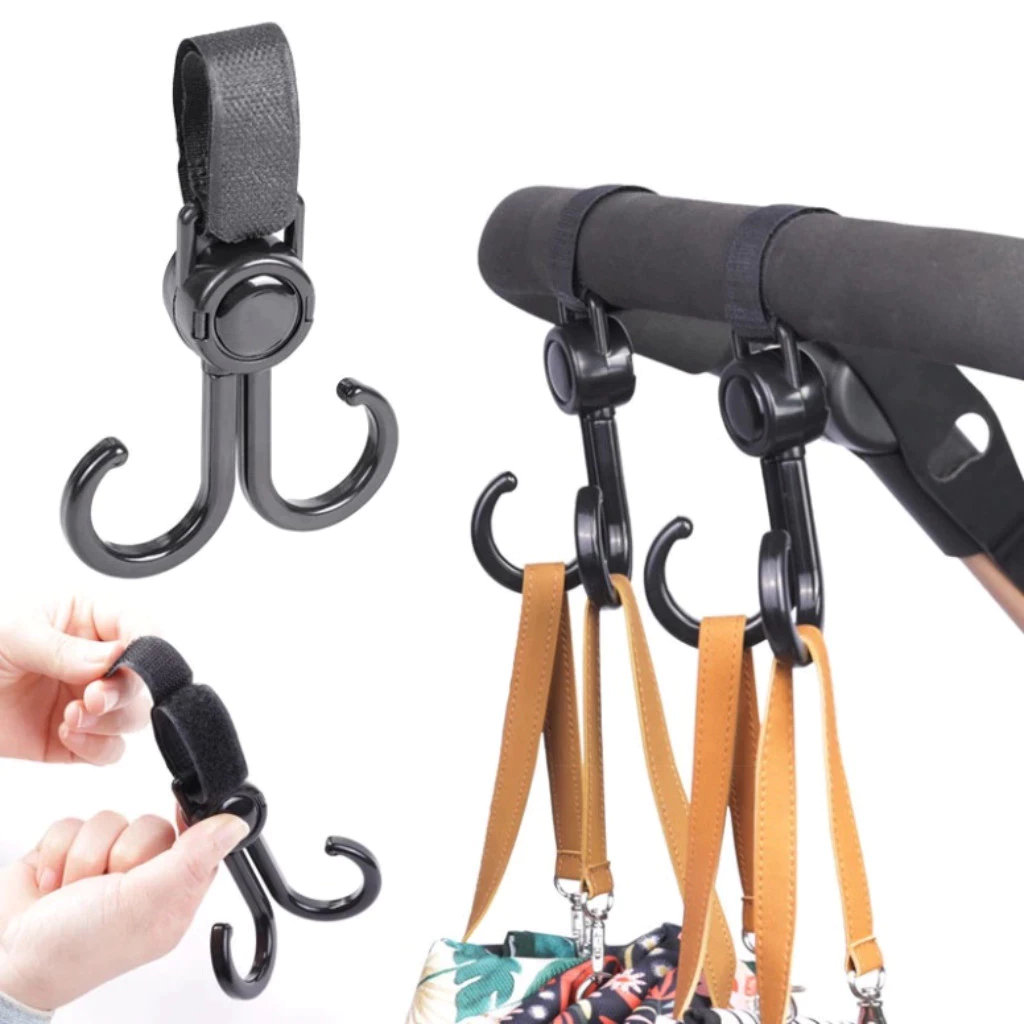 Móc treo đa năng xoay 360° bền chắc, dùng cho xe đẩy trẻ em, xe đạp điện và các loại xe khác.