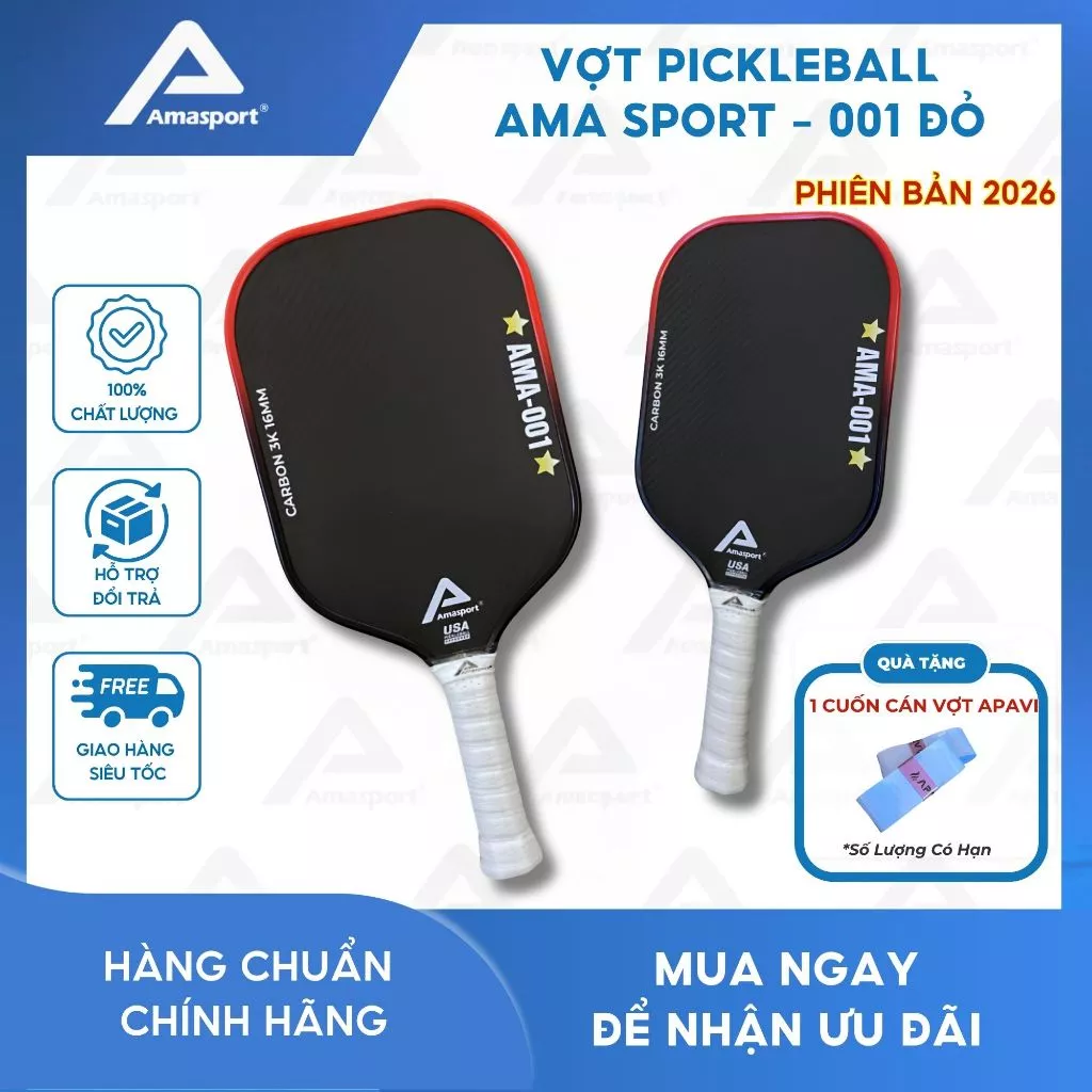 Vợt pickleball chính hãng AMA SPORT - 001 ĐỎ bản nâng cấp 2026 - 16mm tích hợp NFC, mặt vợt độ nhám cao