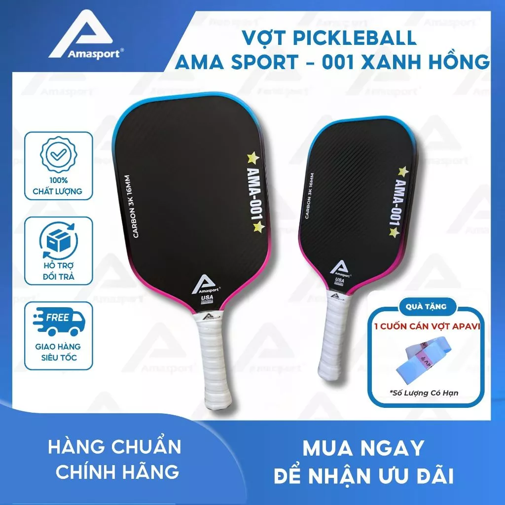 Vợt pickleball chính hãng AMA SPORT - 001 XANH HỒNG bản nâng cấp 2026 - 16mm tích hợp NFC, mặt vợt độ nhám cao