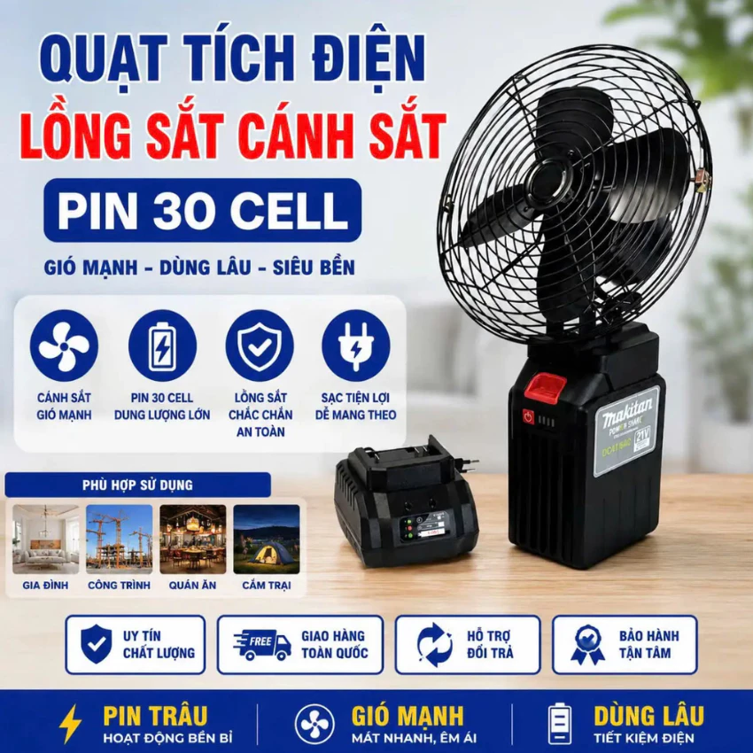 Quạt Tích Điện Lồng Sắt Makita, Kích Thước 8 Inch, Pin 10-20 Cell Sử Dụng 12-20h, Bảo Hành 5 Năm.
