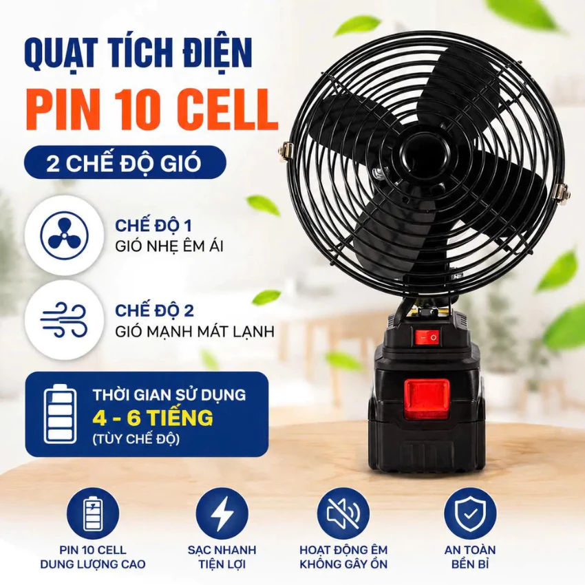 Quạt tích điện mini, Quạt dùng pin cầm tay 8 inch 2 tốc độ chân pin phổ thông bảo hành 5 năm