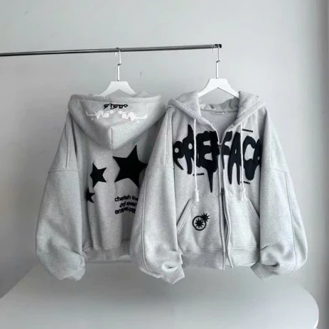 Áo Khoác In Nổi THREE STARS form Boxy, khoá kéo 2 đầu Unisex_SSSTore.Aesthetic