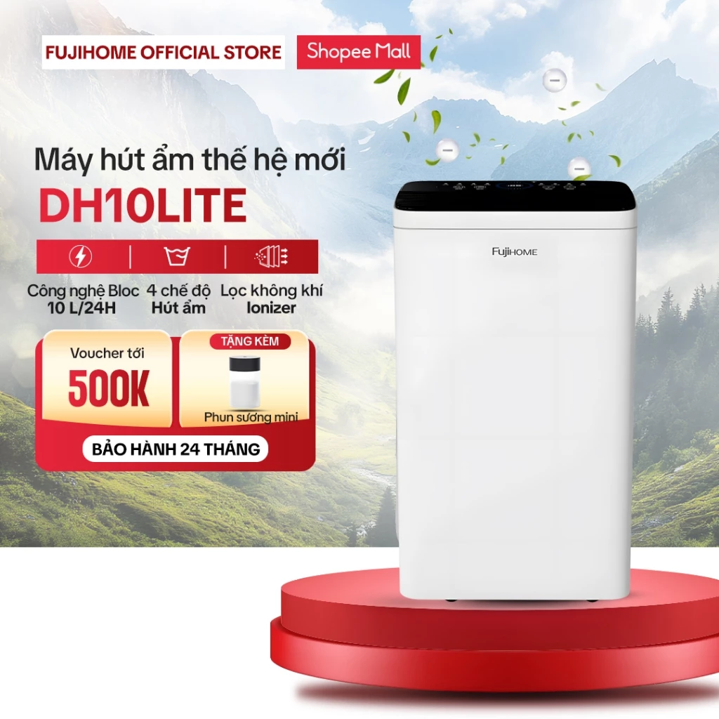 Máy hút ẩm lọc không khí 10L/ngày Fujihome DH10LITE Công nghệ máy nén Block, 4 chế độ hút ẩm Phòng Ngủ khách sấy quần áo