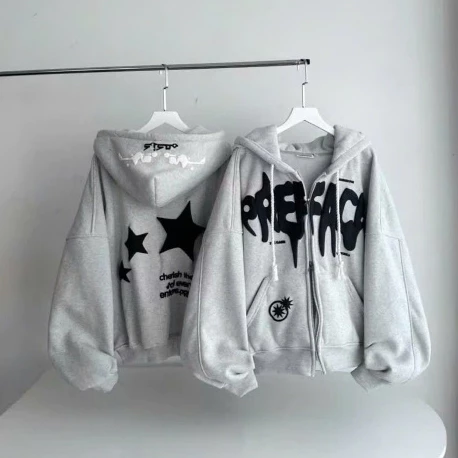Áo Khoác Hoodie Zip Nỉ In Nổi Boxy Three Strars Khoá Kéo Zip , Áo Hoodie In Chữ Nổi Dáng Form Rộng Nón 2 Lớp