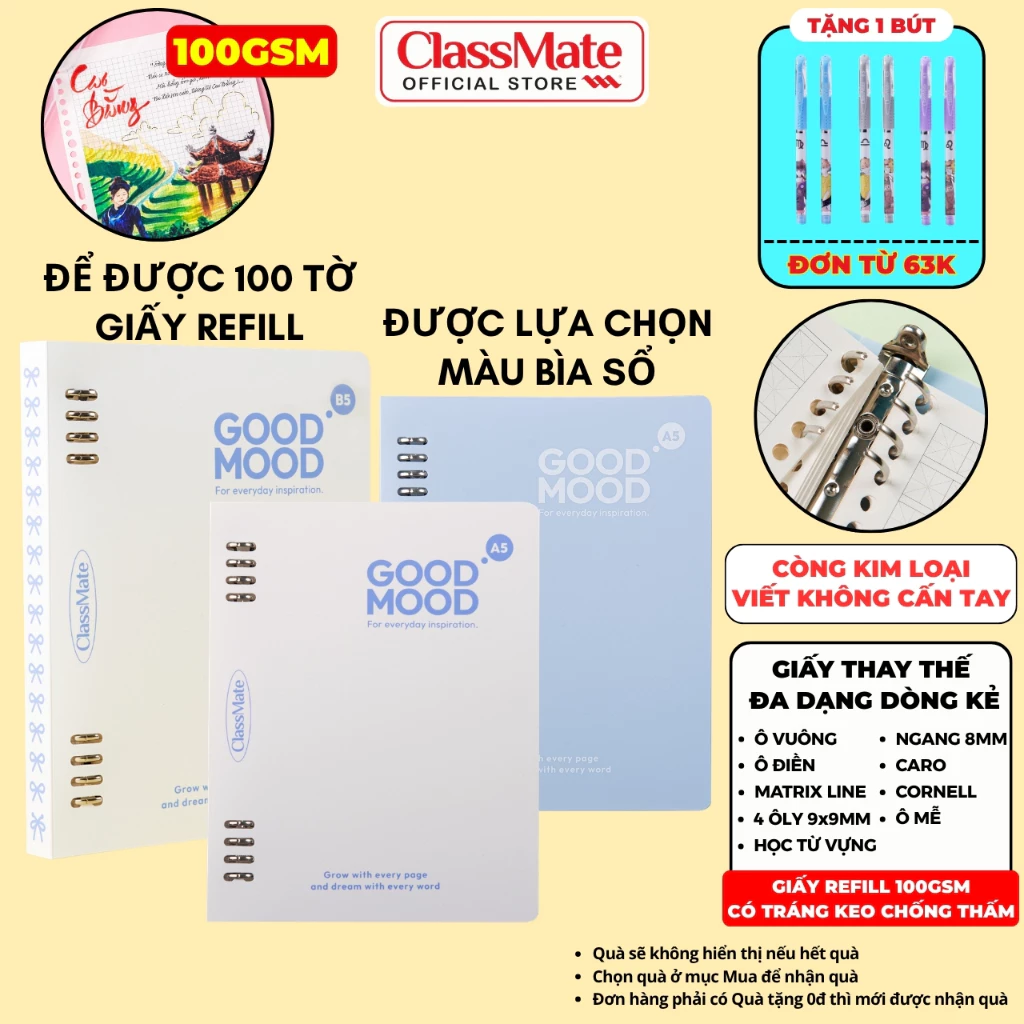 Sổ Còng Classmate 300 Trang, Còng Kim Loại Thay Được Nhiều Giấy, Giấy Refill 100GSM Đủ Loại Dòng Kẻ, Sổ Bìa Nhựa  A5 B5