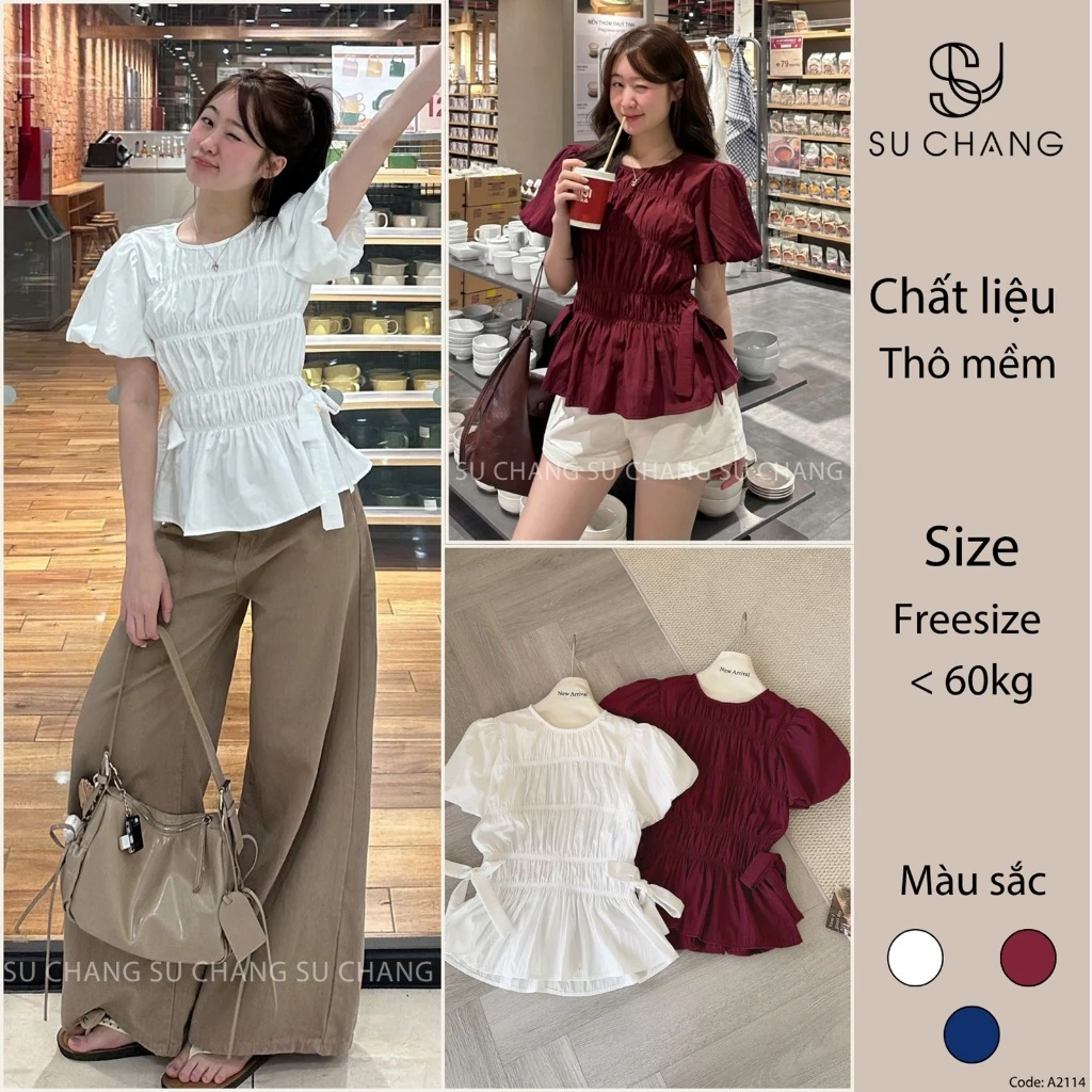 Áo Sơ Mi Chun Thân Nơ Hông Tay Bồng A2114 Su Chang Thời Trang Nữ