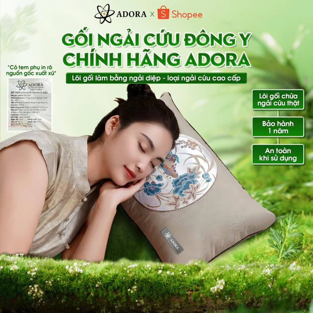 Gối Ngải Cứu Đông Y ADORA Chính Hãng | Chườm Nóng, Hỗ Trợ Tình Trạng Đau Nhức Đầu, Đau Mỏi Vai Gáy, Giúp Ngủ Ngon