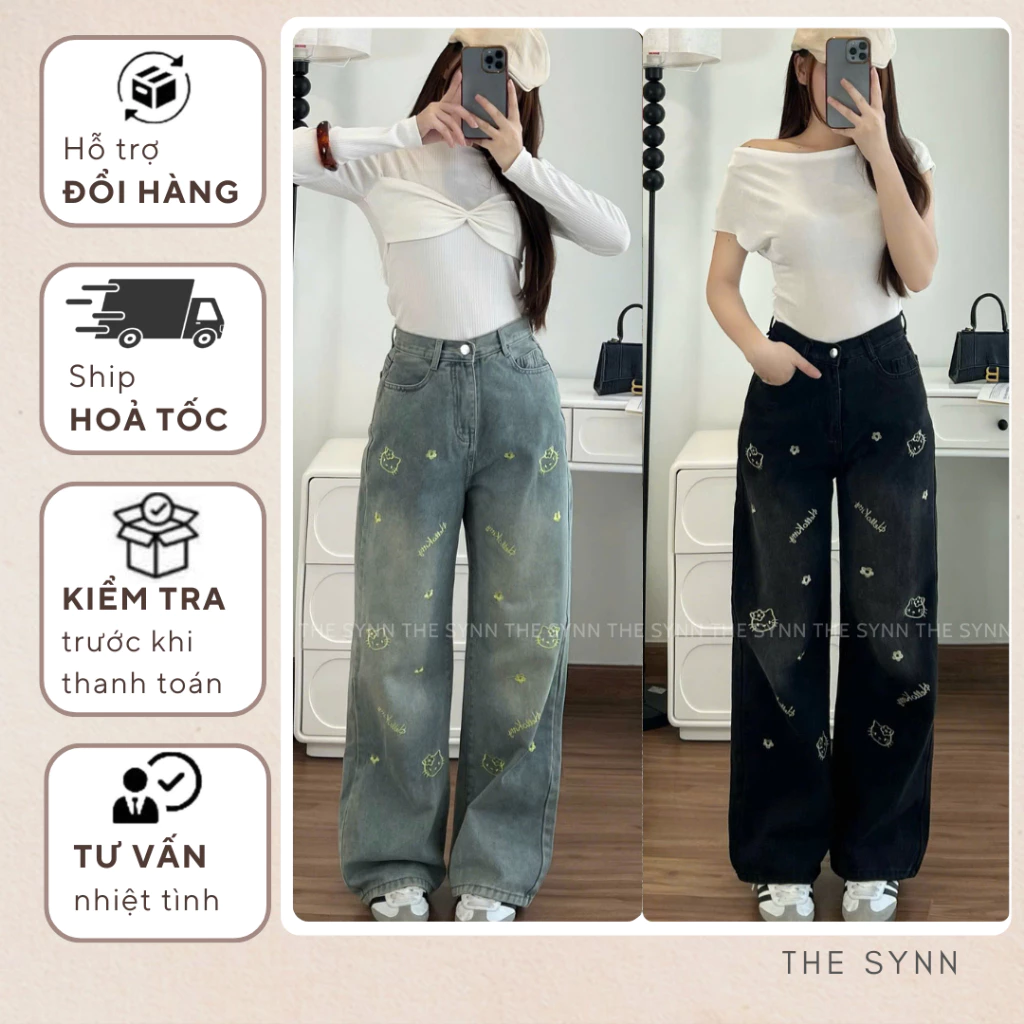 Q28 (S-XL 100-104cm) - Quần Jeans Nữ Phối Thêu Hello Kitty