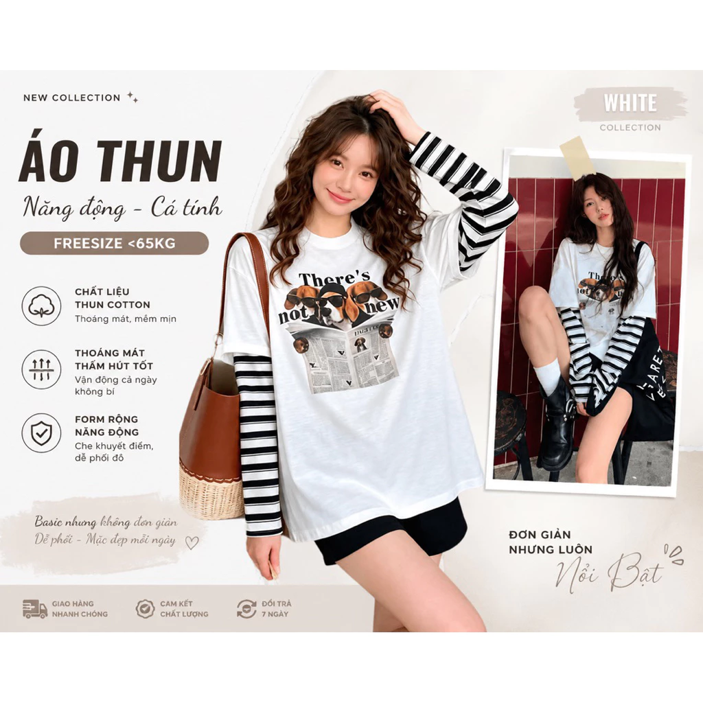 Áo Thun Dài Tay Phối Kẻ In Hình Nữ. Áo thun dáng suông năng động , cá tính
