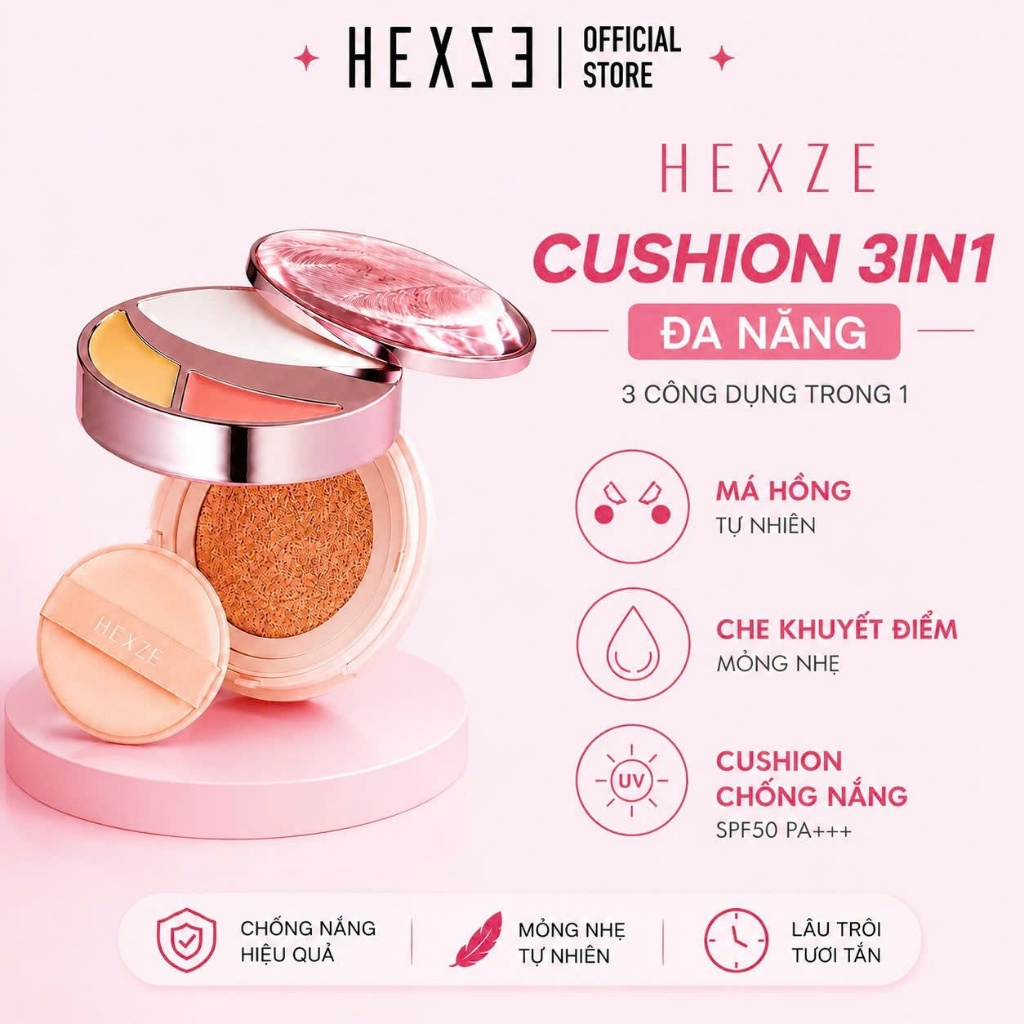 Cushion HEXZE 3in1 tích hợp chống nắng SPF50+, PA++++ Che Khuyết Điểm, Má Hồng…