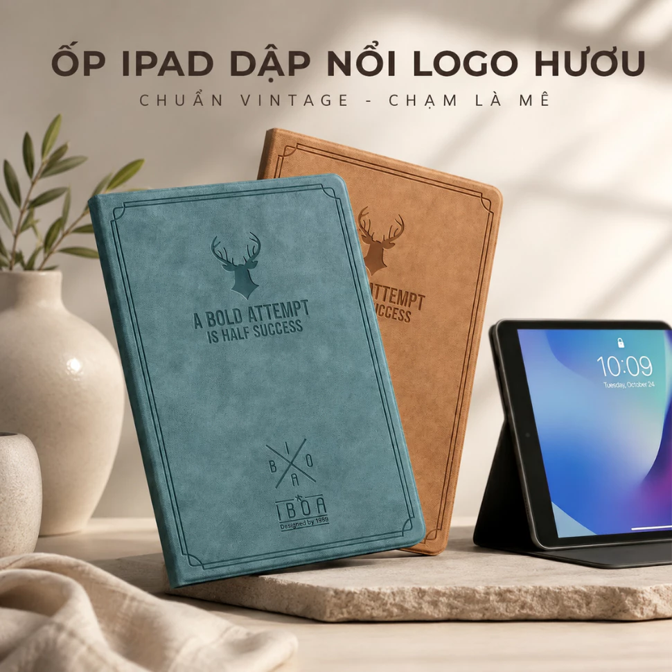 Đủ Dòng - Bao da iPad Dập nổi Logo Hươu viền Silicone dẻo