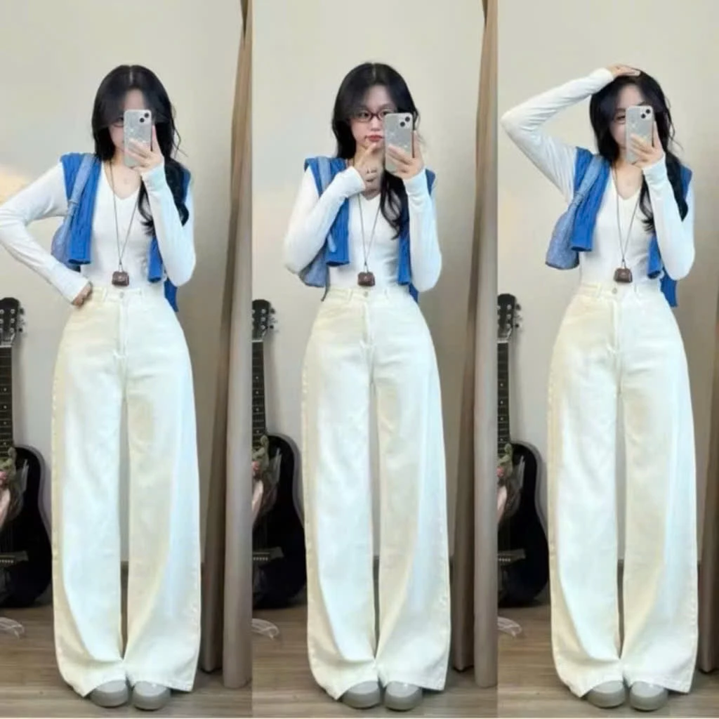 Quần jeans nữ ống suông màu trắng cao cấp chất vải mềm mại ống quần 27-28cm quần bò nữ ống rộng siêu hack dáng
