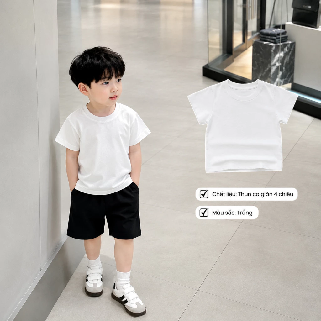 Áo Thun Trơn Trẻ Em Cotton 4 Chiều Cao Cấp Cho Bé Trai Bé Gái - Áo Phông Ngắn Tay Mềm Mịn Thoáng Mát Size 5-25kg