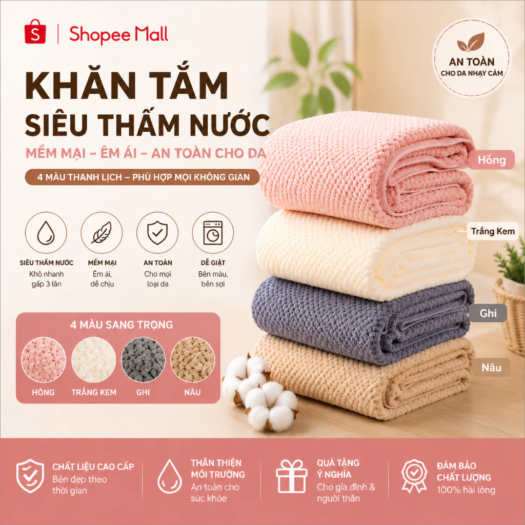 Khăn tắm san hô PTLUXURY loại 1 cỡ lớn 70 cm x 140 cm, siêu mềm mịn thấm hút nước tốt [ HÀNG XUẤT KHẨU ]