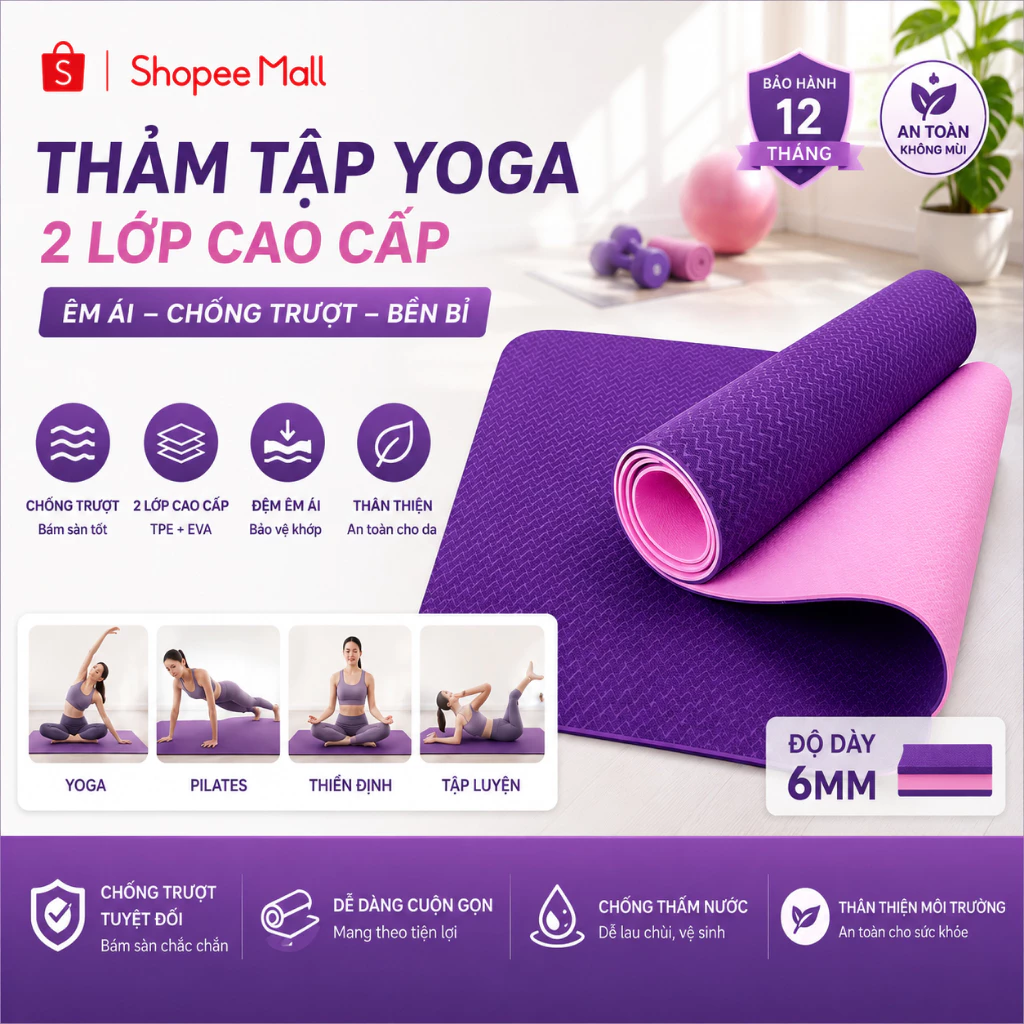 Thảm Tập yoga PTLUXURY chống trượt 2 lớp dày chất liệu cao su non TPE cao cấp [ HÀNG TỐT ]