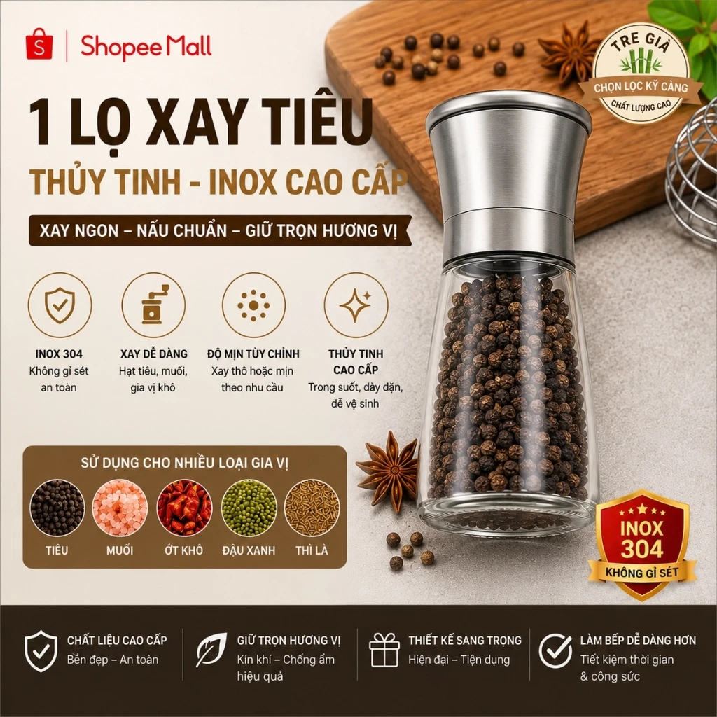 Dụng cụ xay tiêu cầm tay cao cấp PTLUXURY Lọ xay hạt tiêu thủy tinh nắp inox