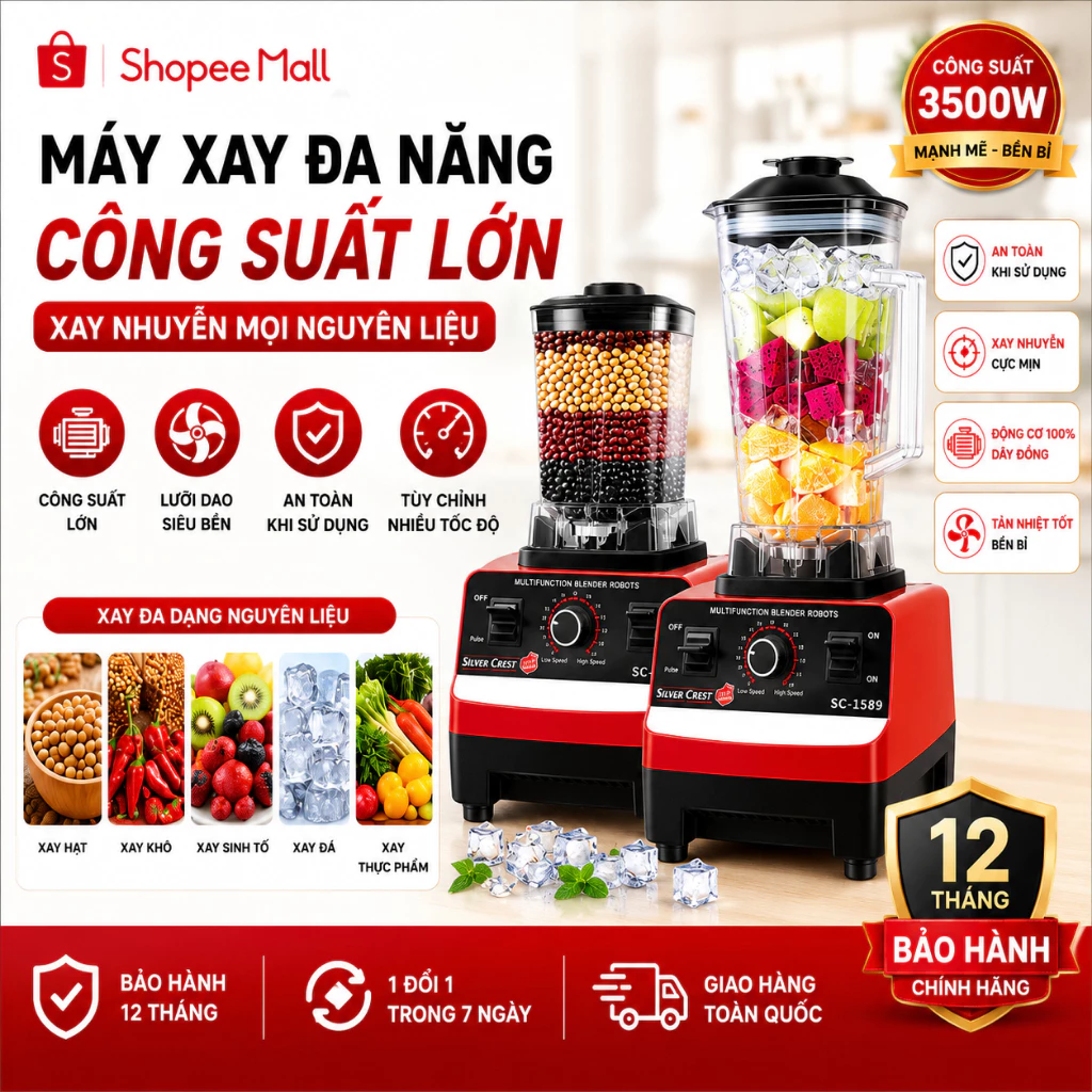 Máy Xay Sinh Tố Đa Năng - Máy Say Hạt - Máy Xay Công Nghiệp 2 Cối Xay Công Suất 4500W [ VINALUXURY ]