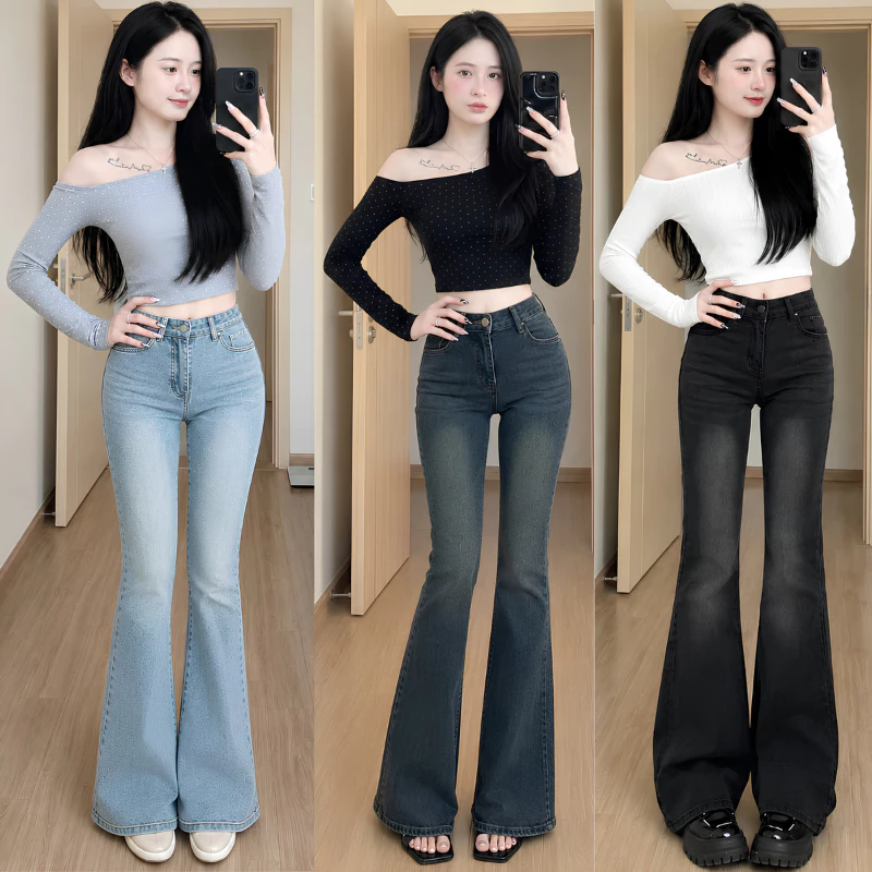 Quần jean nữ ống loe MIAA Cạp Cao Đứng Co Giãn Màu Xanh mài RETRO, quần bò loe đen loang dài nữ cạp cao cực tôn dáng