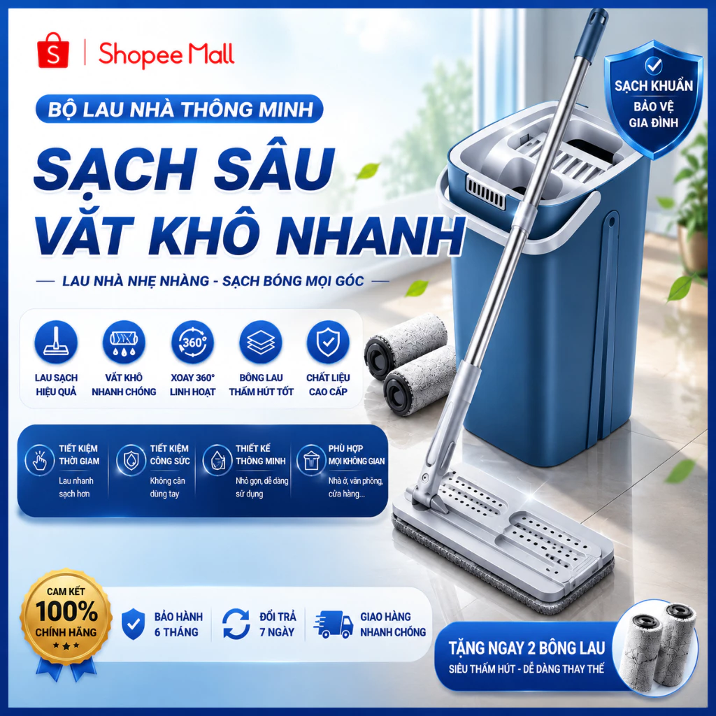 Cây Lau Nhà Tự Vắt PTLUXURY 360 Độ Cao Cấp Tặng Kèm 2 Bông Lau Thay Thế [ HÀNG TỐT ]