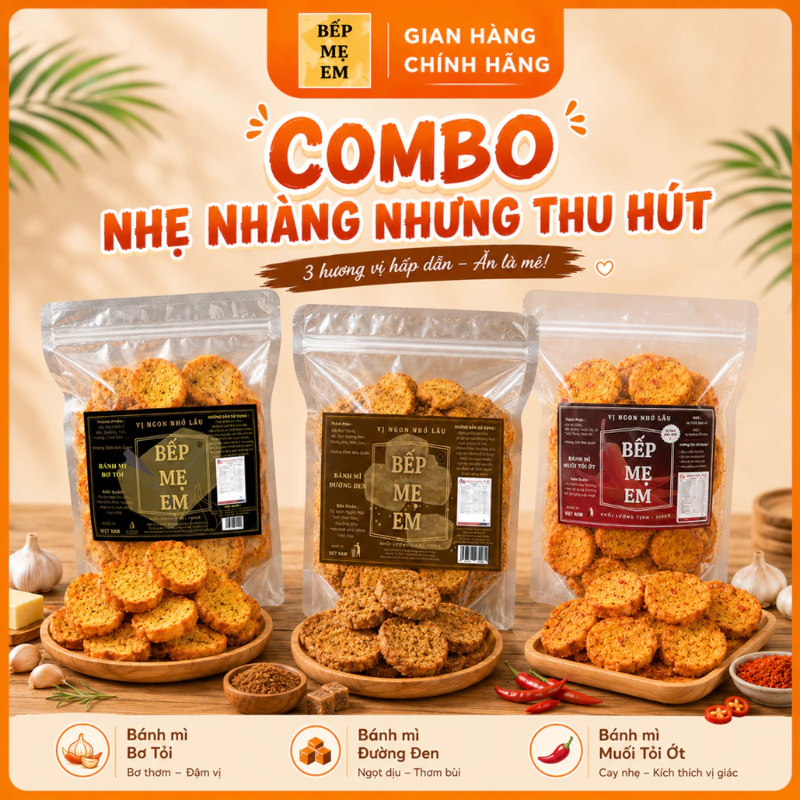 Bếp Mẹ Em - Combo 3 gói Bánh mỳ sấy Bơ Tỏi - Đường Đen - Muối Ớt, Bánh Mỳ Sấy Nguyên Miếng Nhẹ Nhàng Nhưng Thu Hút