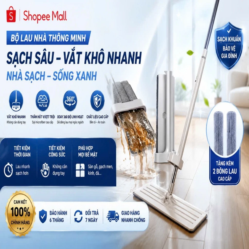 Chổi lau nhà tự vắt thông minh tiện lợi tặng thêm 1 bông lau nhà - PTLUXURY