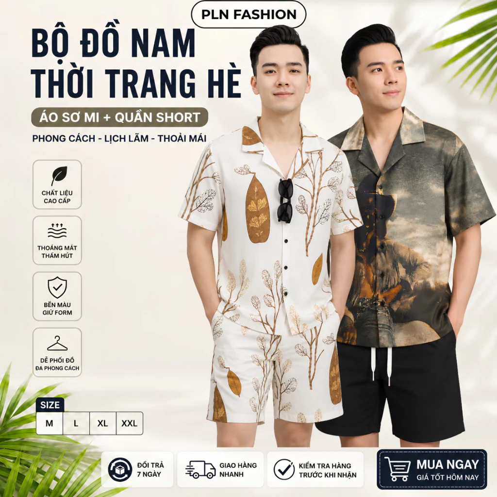 bộ quần áo nam hè mặc ở nhà đi biển chơi du lịch chất lụa mát, đồ bộ nam ngắn tay in họa tiết 3D hot