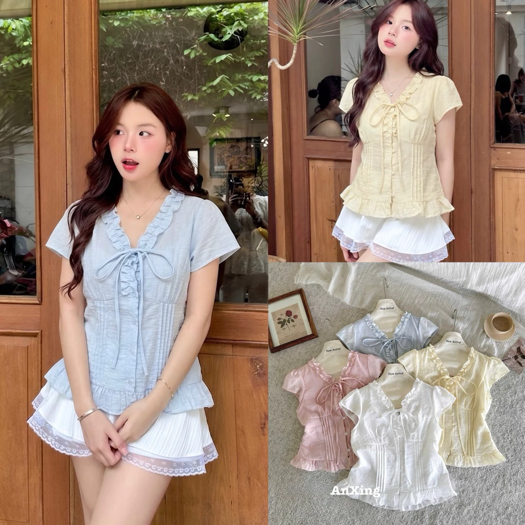 [Hàng Chuẩn L1] Áo babydoll tay hến cổ V viền bèo thắt nơ Sammy Top - A6518