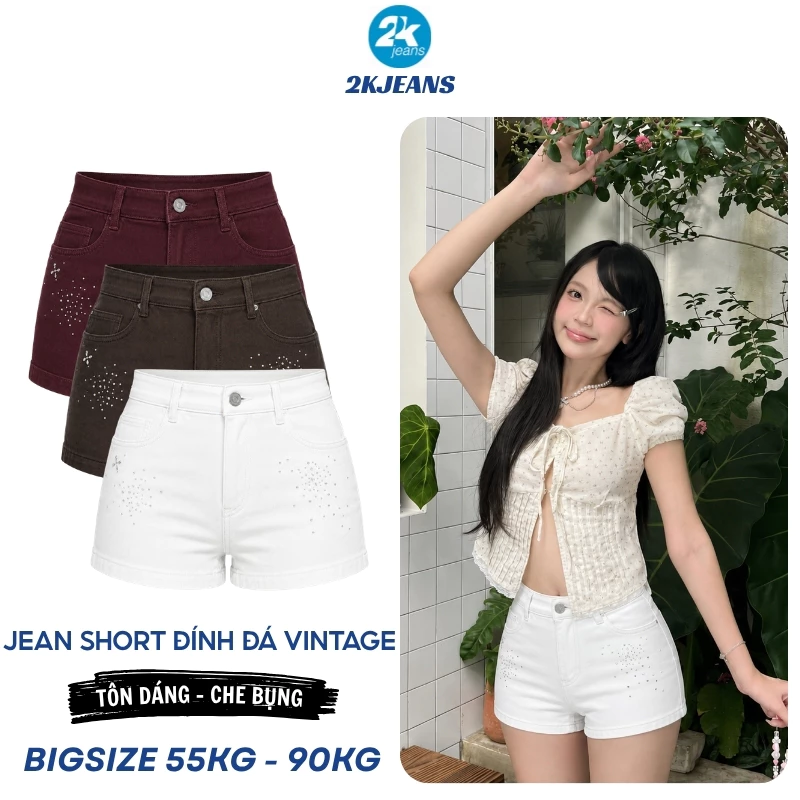 [DEAL SỐC] Quần Short Jean Nữ Bigsize QC1322 Cạp Cao Đính Đá Dễ Phối Đồ 3 Màu 2KJEANS