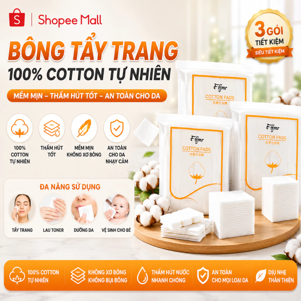 [ COMBO 5 GÓI ] Bông Tẩy trang làm sạch mỹ phẩm 3 lớp cotton túi 222 miếng mềm mại và mượt mà