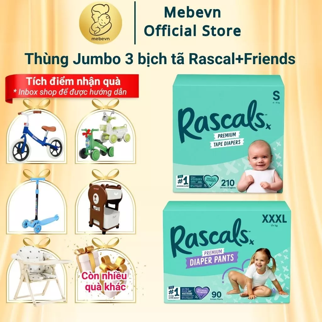 Thùng Jumbo 3 bỉm rascal friend, tã rascal and friend NewZealand, tã rascal and friends chính hãng