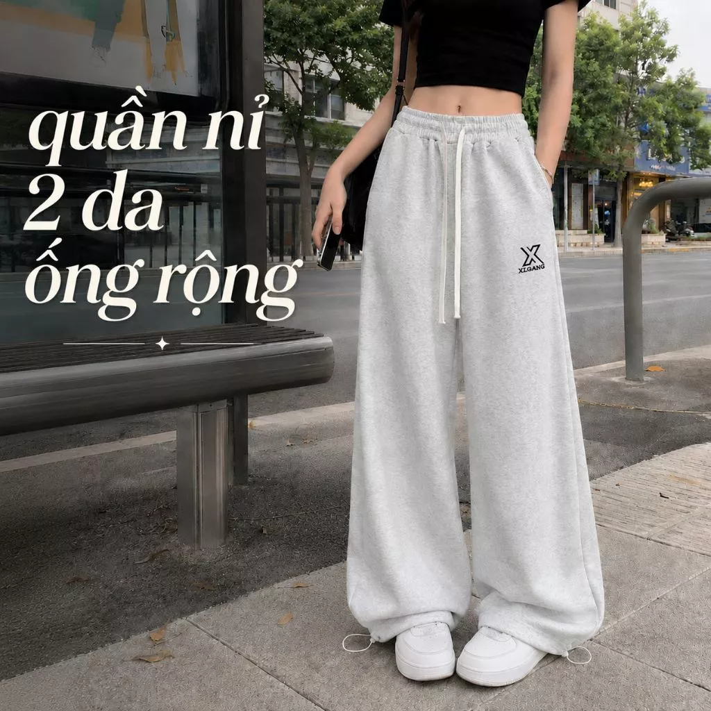 Quần nỉ ống cong Zgo phối dây thừng bản nhỏ unisex nam nữ chất nỉ 2 da Quảng Châu dày dặn đứng from Qzg22
