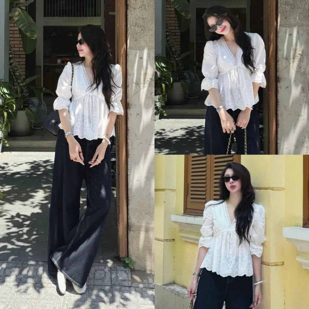 (ẢNH OLDSCHOOL) Áo kiểu ren thô điệu tay chuông rút dây A3737 Joana Top