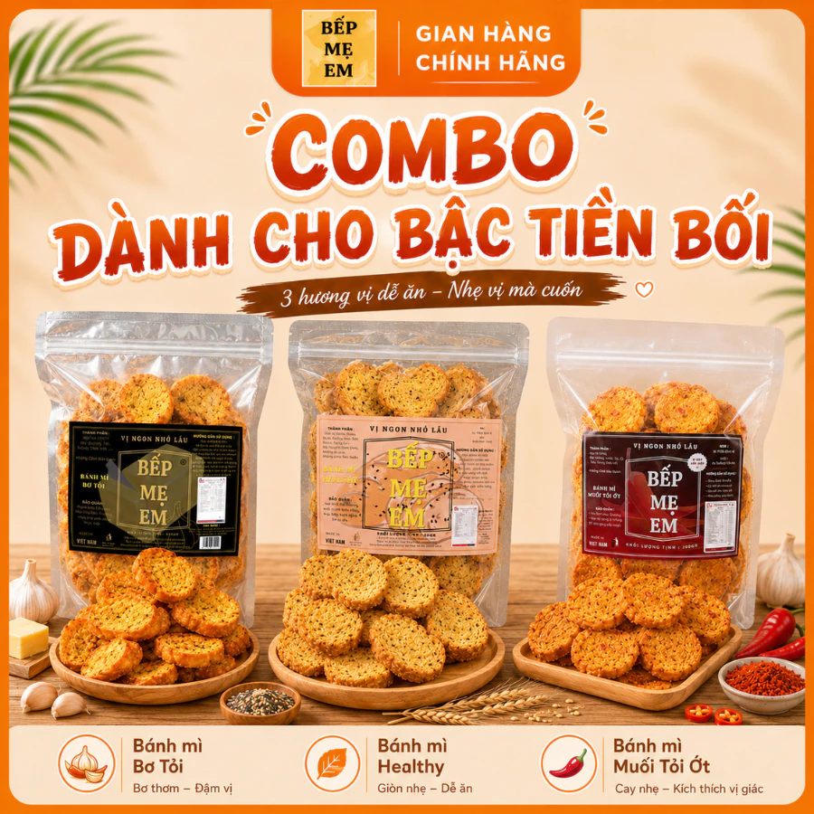 Bếp Mẹ Em - Combo 3 gói Bánh mỳ sấy Bơ Tỏi - Healthy - Muối Ớt, Bánh Mỳ Sấy Nguyên Miếng Dành Cho Bậc Tiền Bối
