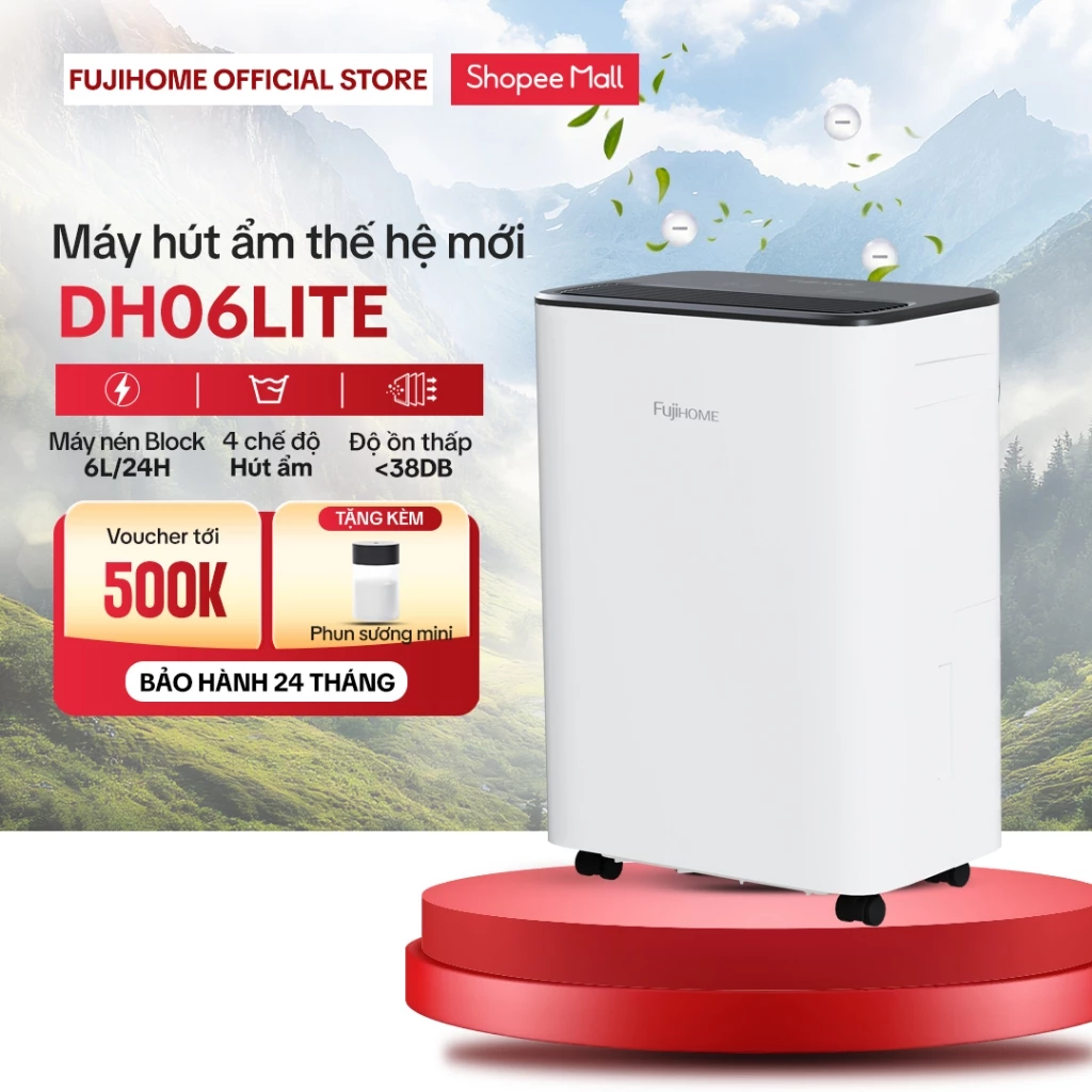 Máy hút ẩm không khí Fujihome DH06LITE công suất 6 Lít/ngày, máy hút ẩm gia đình phòng 8-15m², sấy quần áo độ ồn thấp