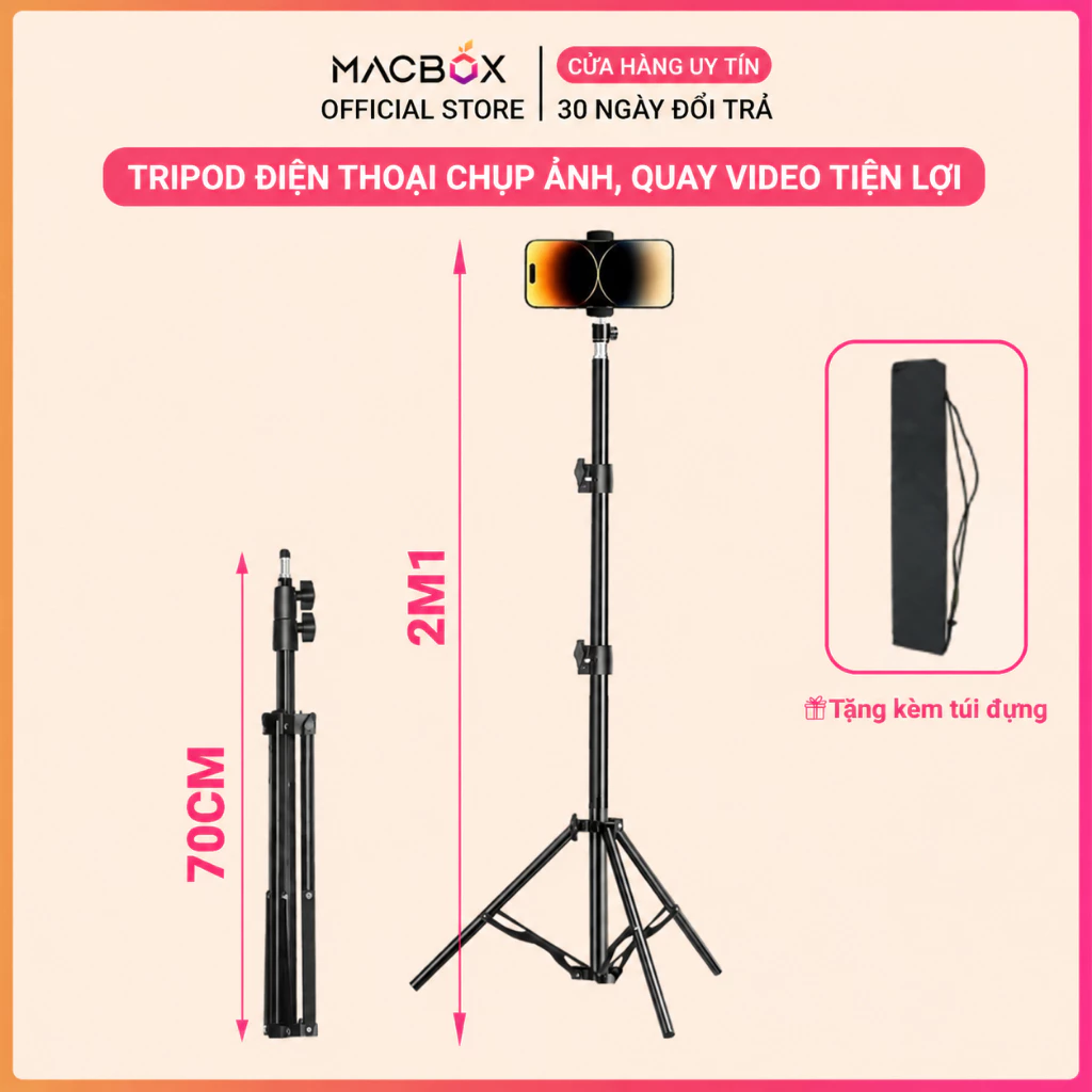 Chân đỡ điện thoại, máy ảnh Tripod 3 chân cao 2M1 chụp ảnh, quay phim video, livestream có remote xoay 360 độ Macbox