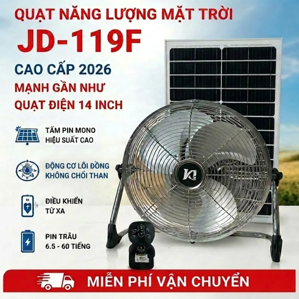 Quạt năng lượng mặt trời Solar Fan JD-119F 14INCH quạt sạc tích điện dạng nằm chân quỳ hiển thị PIN hẹn giờ tắt