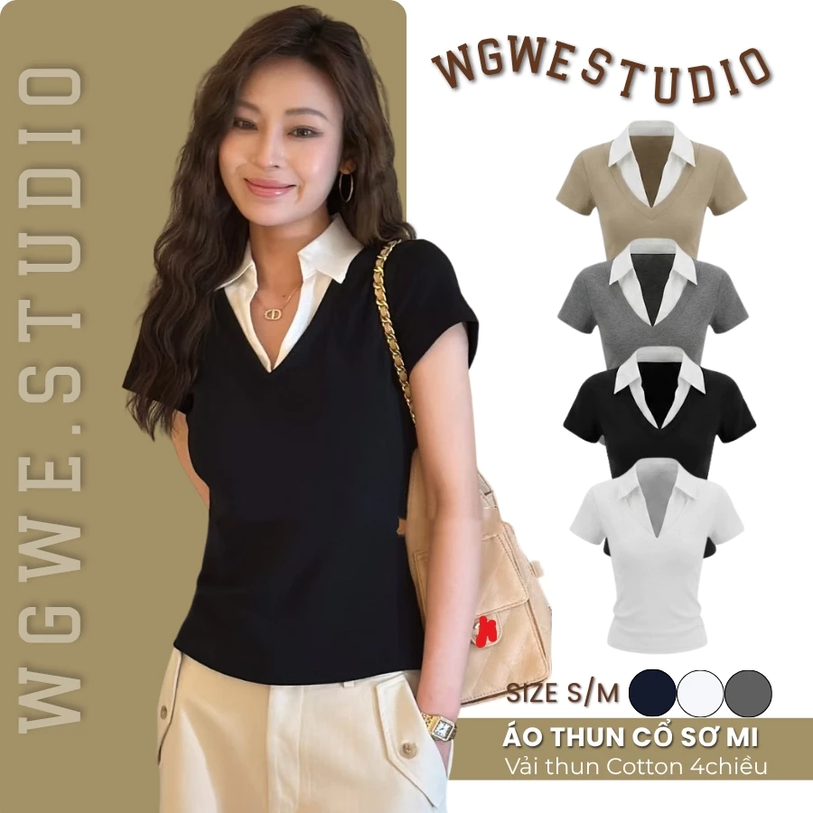 WGWE Studio Áo Kiểu Nữ Cổ Sơ Mi Phối Áo Thun Tay Ngắn Dáng Ôm Co Giãn 10199