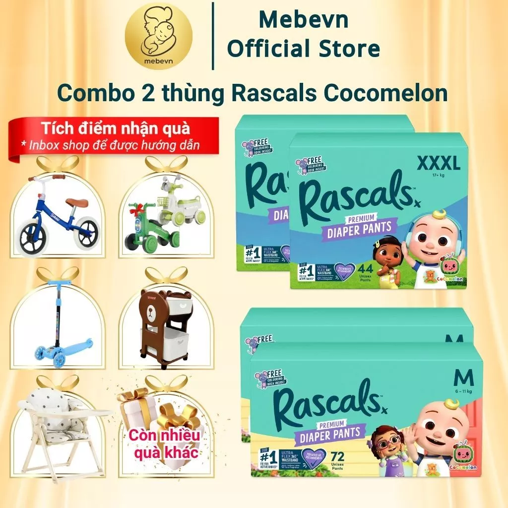 Tã quần cho bé - Combo 2 thùng Rascal and Friends Cocomelon, bỉm cho bé cao cấp hàng NewZeland