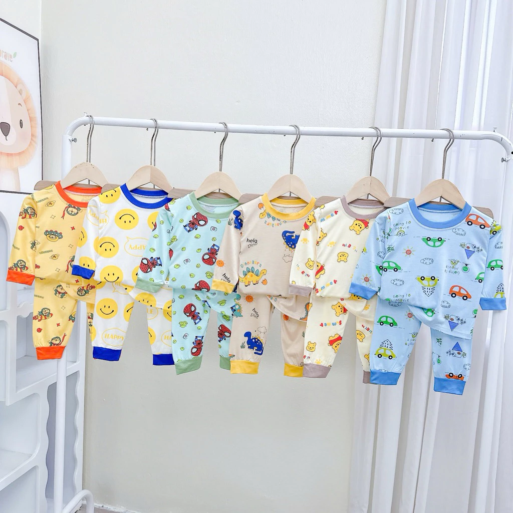 (Bé 5-15kg) Bộ Dài Tay Thun Lạnh in hình kín họa tiết Mềm Mịn Thoáng Mát cho bé trai bé gái
