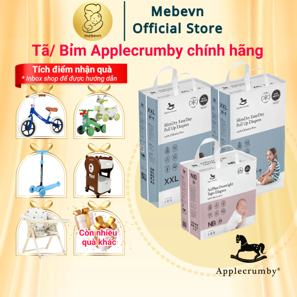 Bỉm Applecrumby chính hãng Slim + Overnight cao cấp, bỉm ngựa Applecrumby siêu khô thoáng đủ size