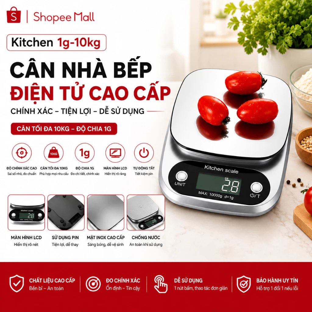 Cân Tiểu Ly Điện Tử Nhà Bếp PTLUXURY 1g-10kg Độ Chính Xác Cao Chất Liệu Hợp Kim Thép Bền Bỉ
